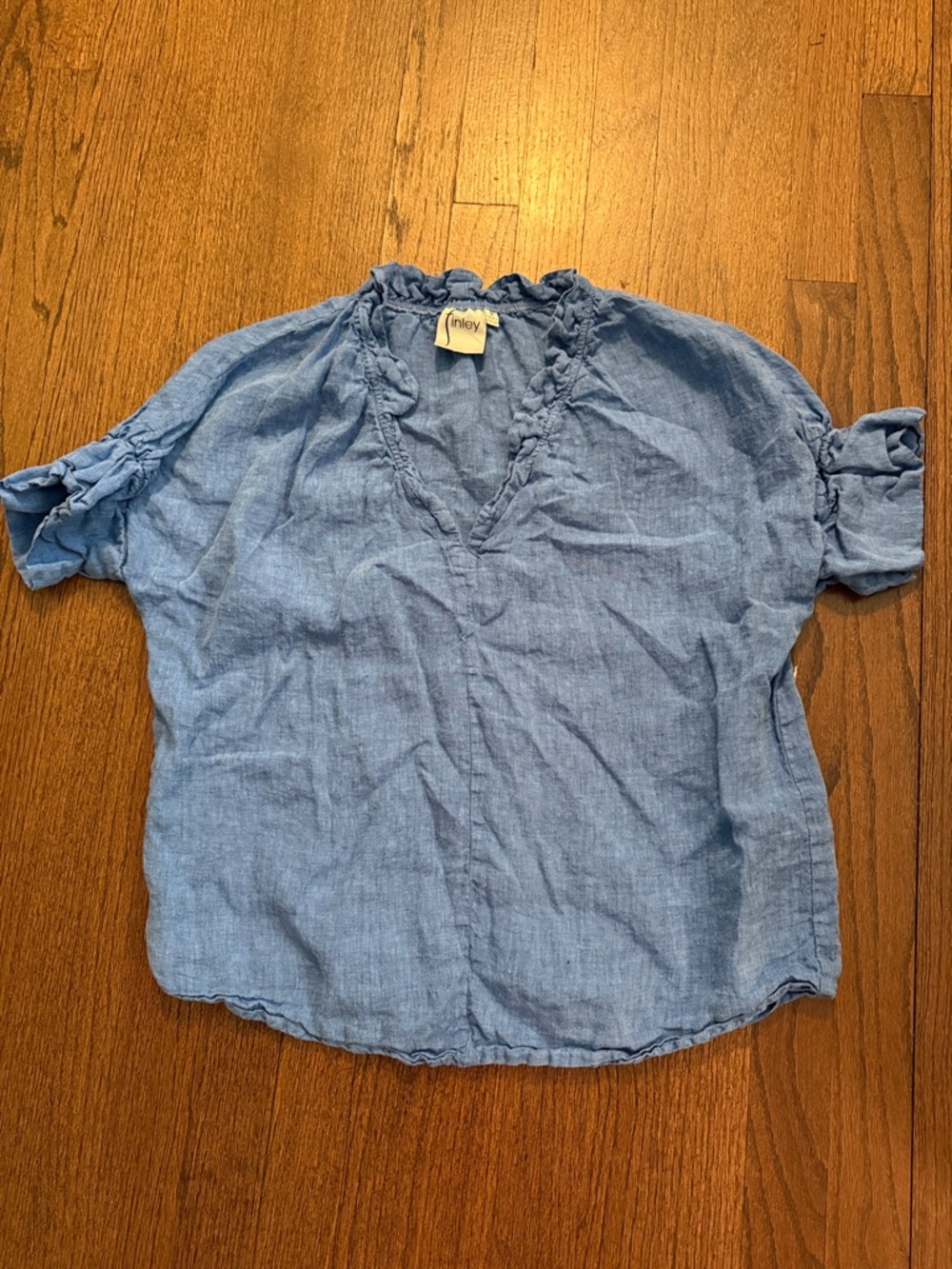 Finley Denim-Blue Ruffle V-Neck Top